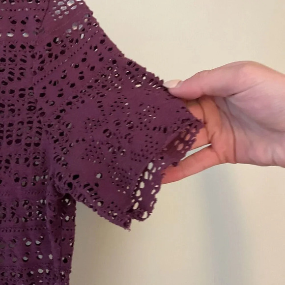 Free People Beach Women Purple A Line Dress S Short Sleeve Lace Floral Mock Neck - Picture 8 of 12